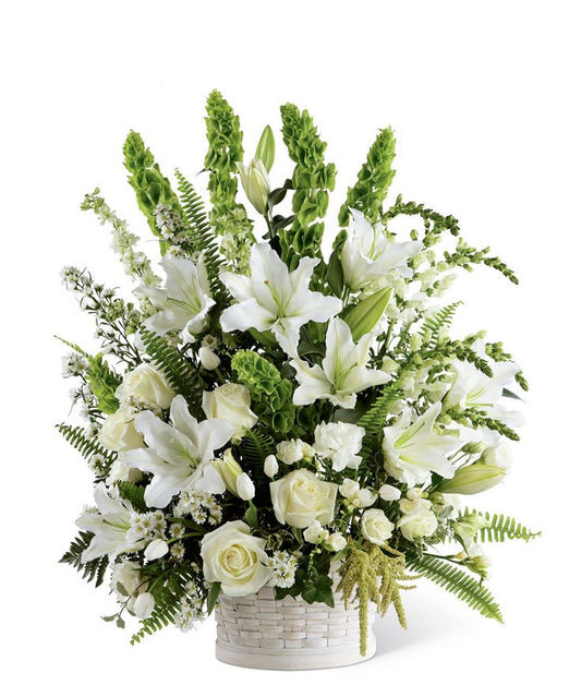Sympathy white Flowers - Funeral Small basket arrangement