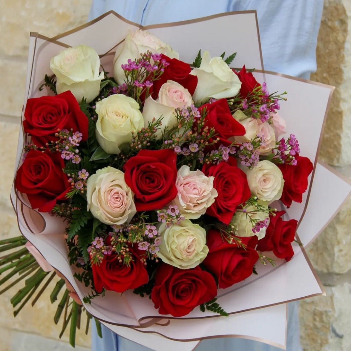 Large Bouquet of White and red roses.