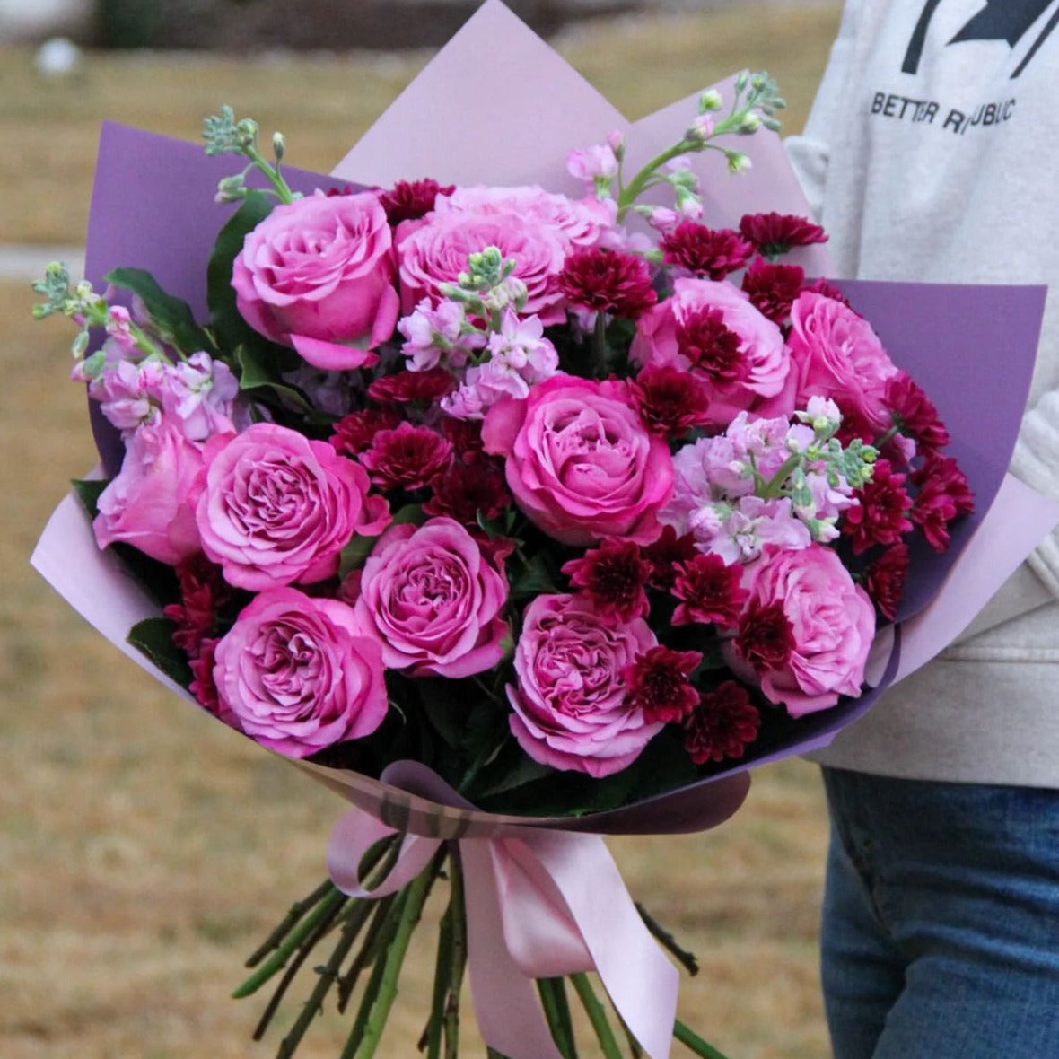 Pink Bouquet with roses and Spring flowers.