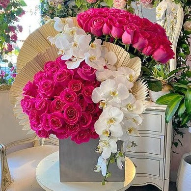 Luxury pink roses and Orchids Valentines Arrangement.