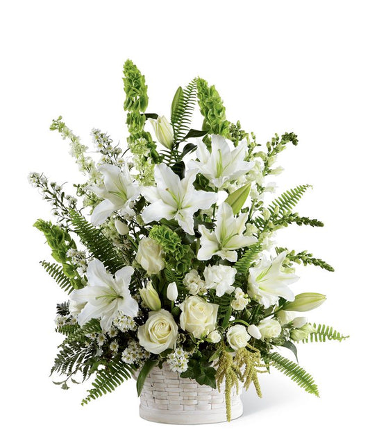 Sympathy white Flowers - Funeral Small basket arrangement
